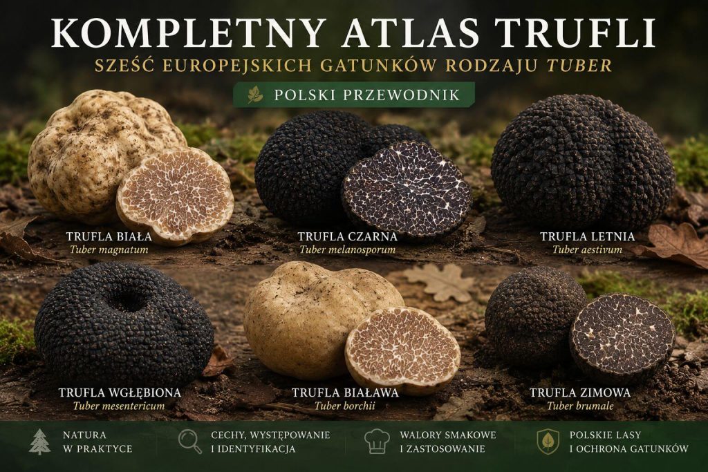 Kompletny atlas trufli - sześć europejskich gatunków rodzaju Tuber: biała, czarna, letnia, wgłębiona, biaława, zimowa - polski przewodnik