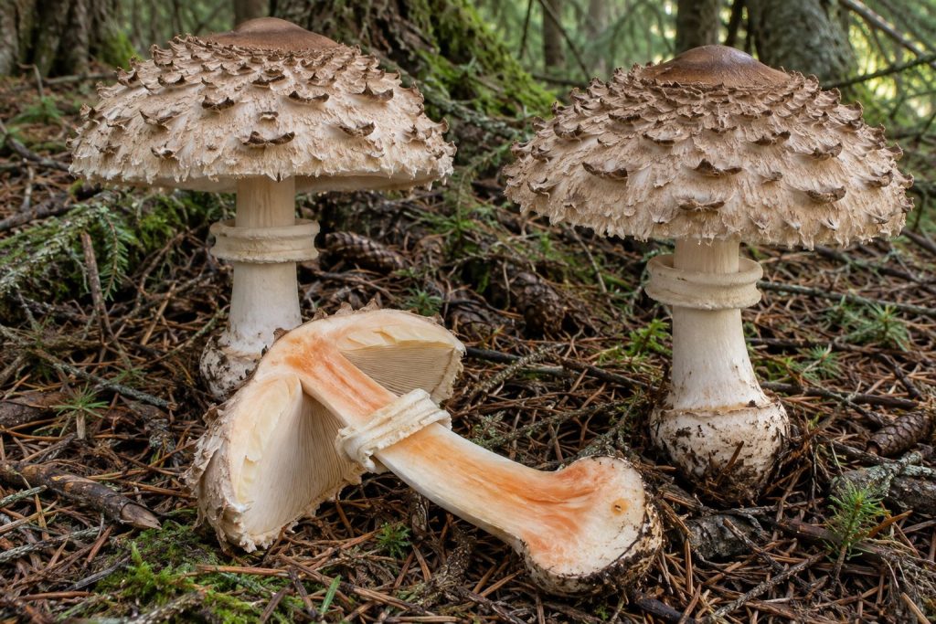 Czubajka czerwieniejąca (Chlorophyllum rhacodes): kapelusz w odstających łuskach, gładki trzon z podwójnym pierścieniem, bulwa z brzegiem, przekrój pomarańczowieje